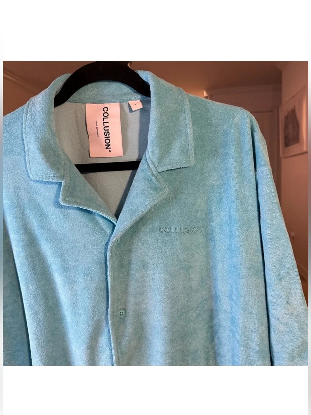 ASOS Collusion Terrycloth Button-Up Shirt in Aqua Blue - Picture 3 of 11